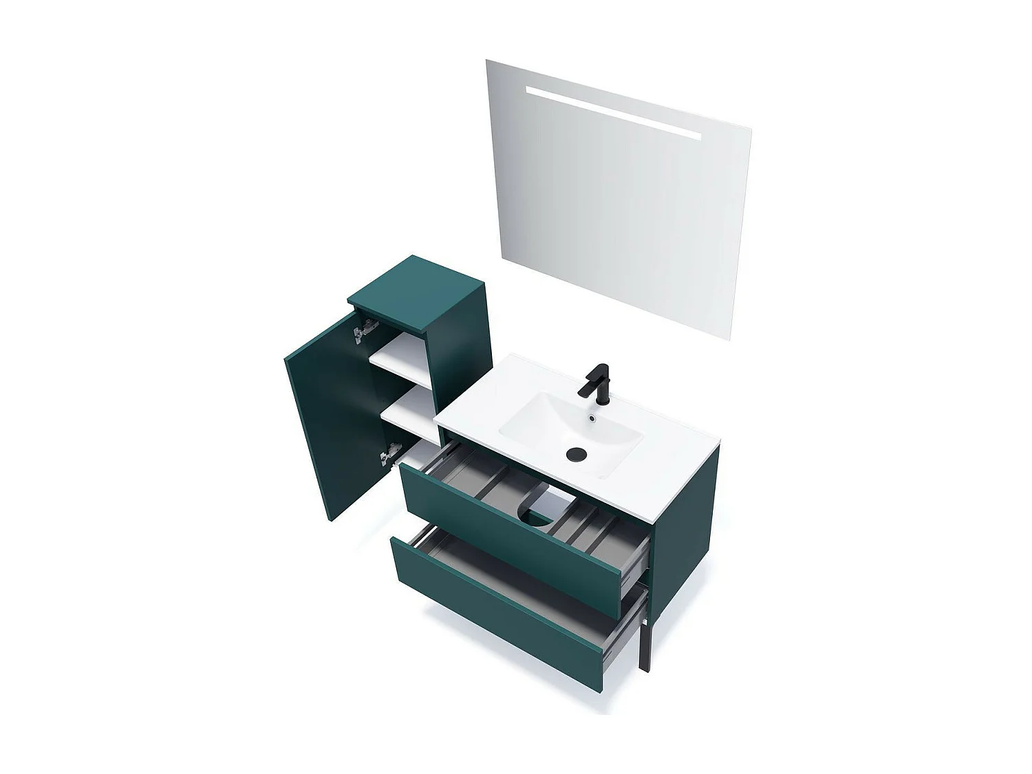 Meuble de salle de bain suspendu vasque intégrée 90cm 2 tiroirs Bleu + miroir - Hudson