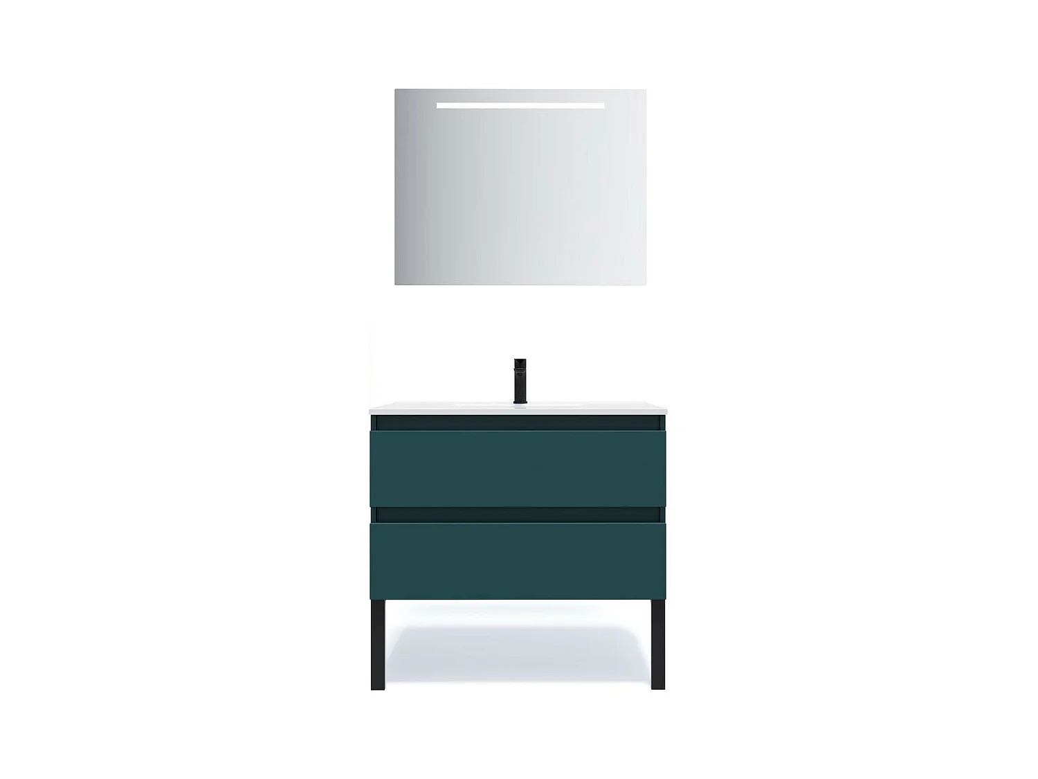 Meuble de salle de bain suspendu vasque intégrée 90cm 2 tiroirs Bleu + miroir - Hudson