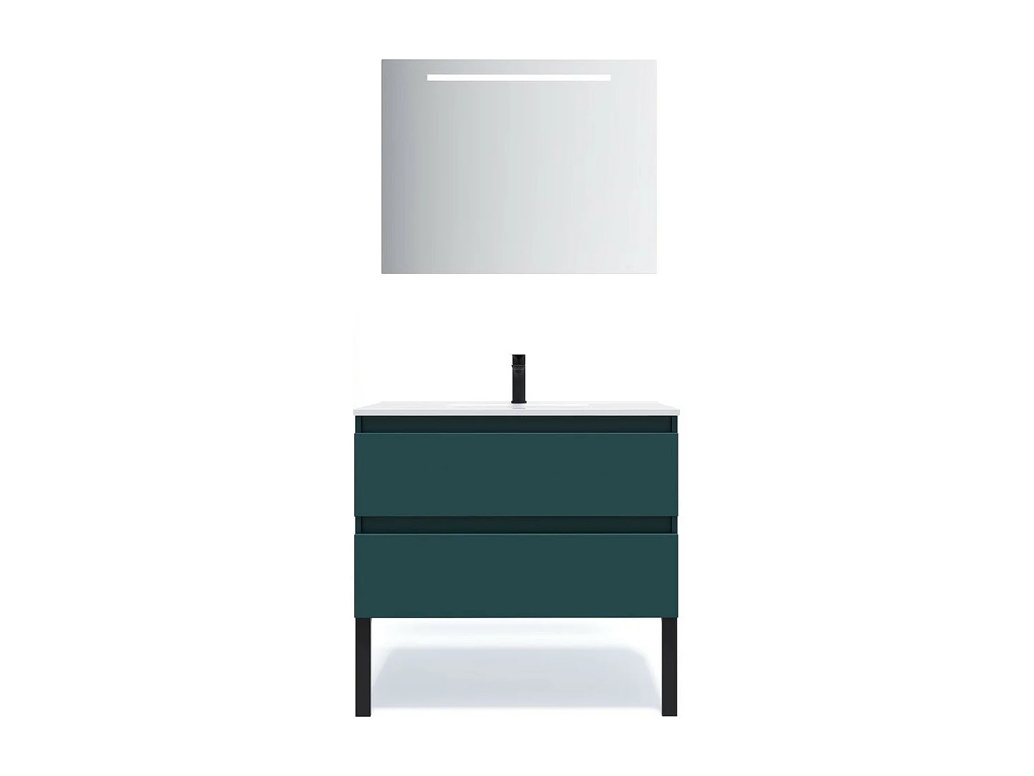 Meuble de salle de bain suspendu vasque intégrée 90cm 2 tiroirs Bleu + miroir - Hudson