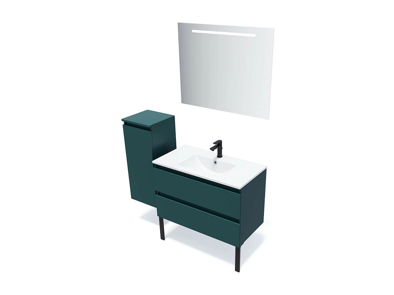Meuble de salle de bain suspendu vasque intégrée 90cm 2 tiroirs Bleu + miroir - Hudson