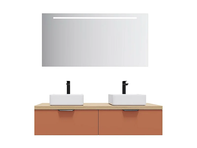Meuble de salle de bain suspendu 2 vasques à poser 140cm 2 tiroirs Terracotta + miroir - Soho