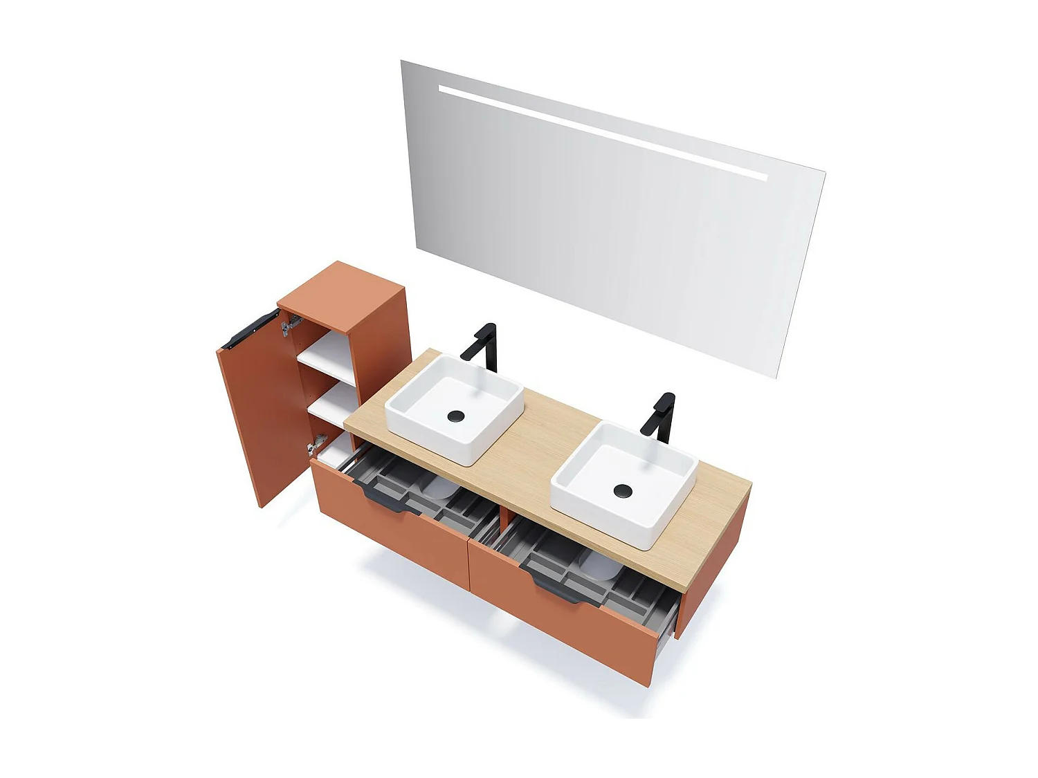 Meuble de salle de bain suspendu 2 vasques à poser 140cm 2 tiroirs Terracotta + miroir - Soho