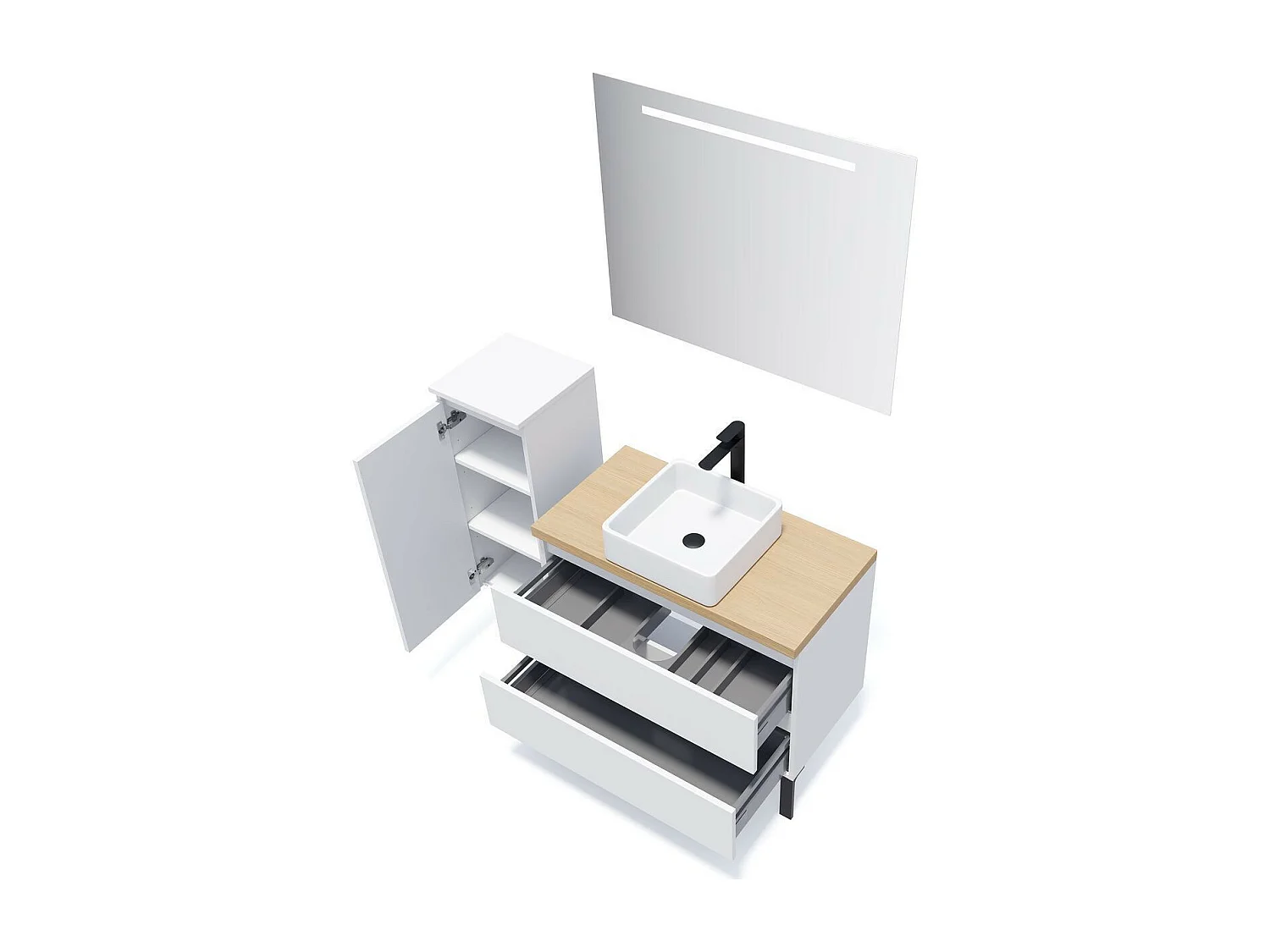 Meuble de salle de bain suspendu vasque à poser 90cm 2 tiroirs Blanc + miroir - Hudson