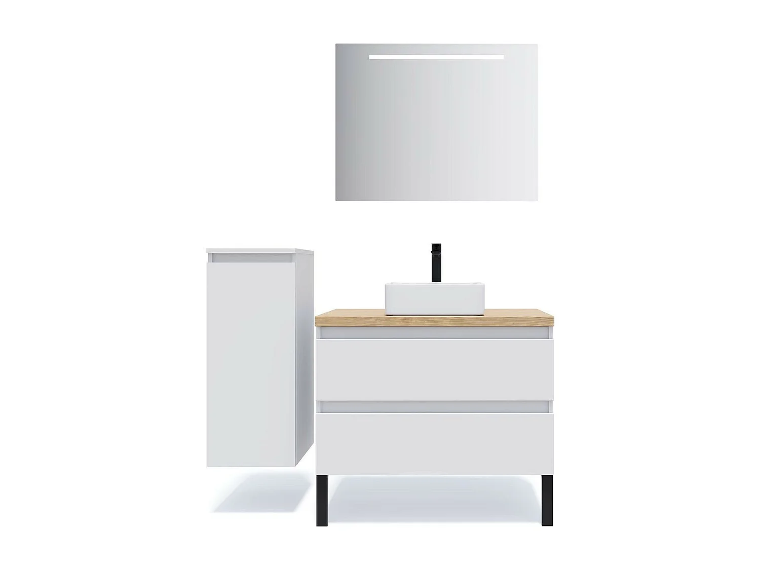 Meuble de salle de bain suspendu vasque à poser 90cm 2 tiroirs Blanc + miroir - Hudson