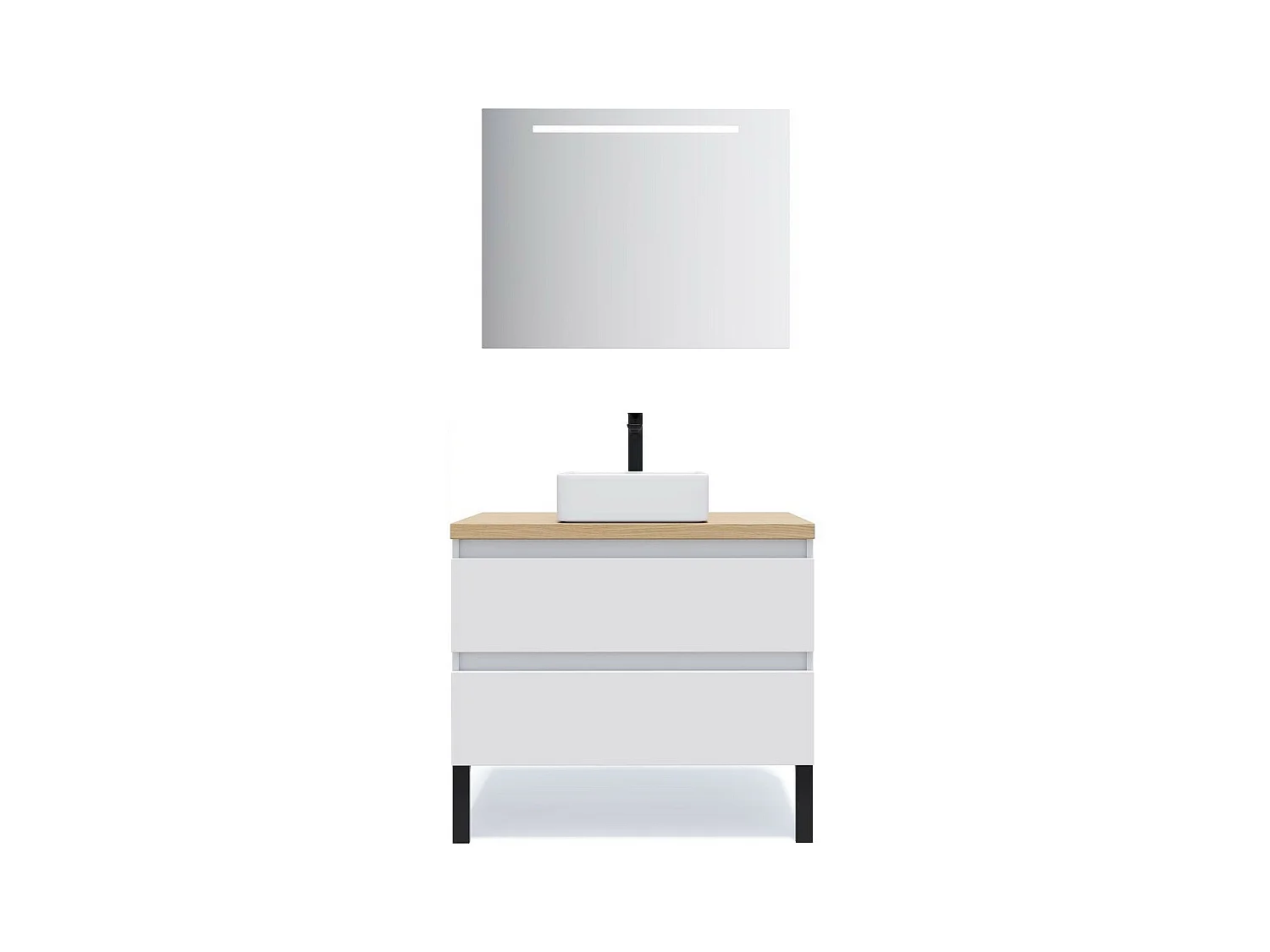 Meuble de salle de bain suspendu vasque à poser 90cm 2 tiroirs Blanc + miroir - Hudson
