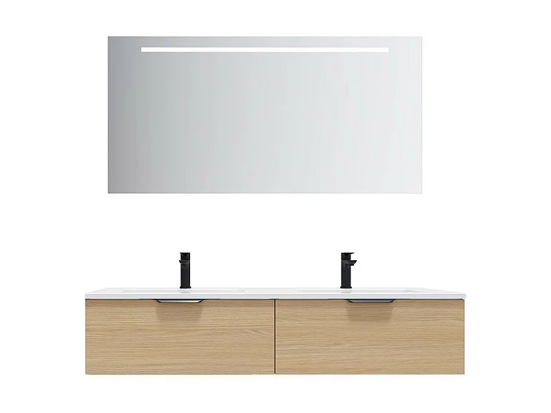 Meuble de salle de bain suspendu double vasque intégrée 140cm 2 tiroirs Chêne clair + miroir - Soho