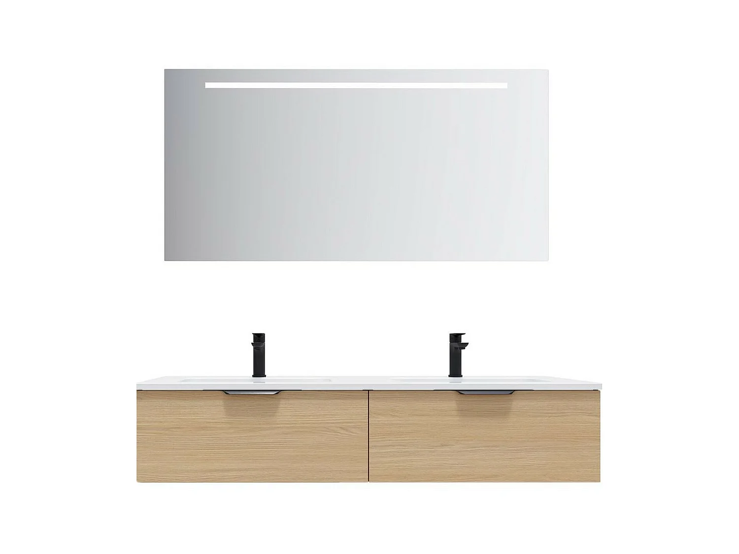 Meuble de salle de bain suspendu double vasque intégrée 140cm 2 tiroirs Chêne clair + miroir - Soho