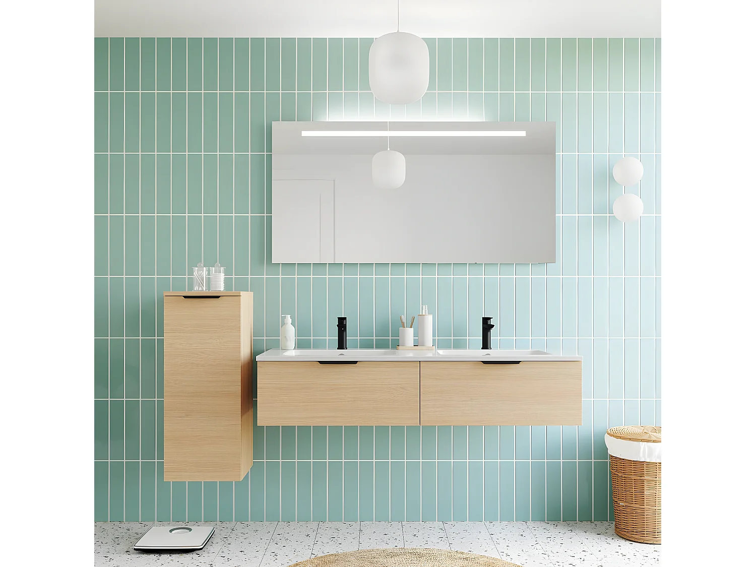 Meuble de salle de bain suspendu double vasque intégrée 140cm 2 tiroirs Chêne clair + miroir - Soho