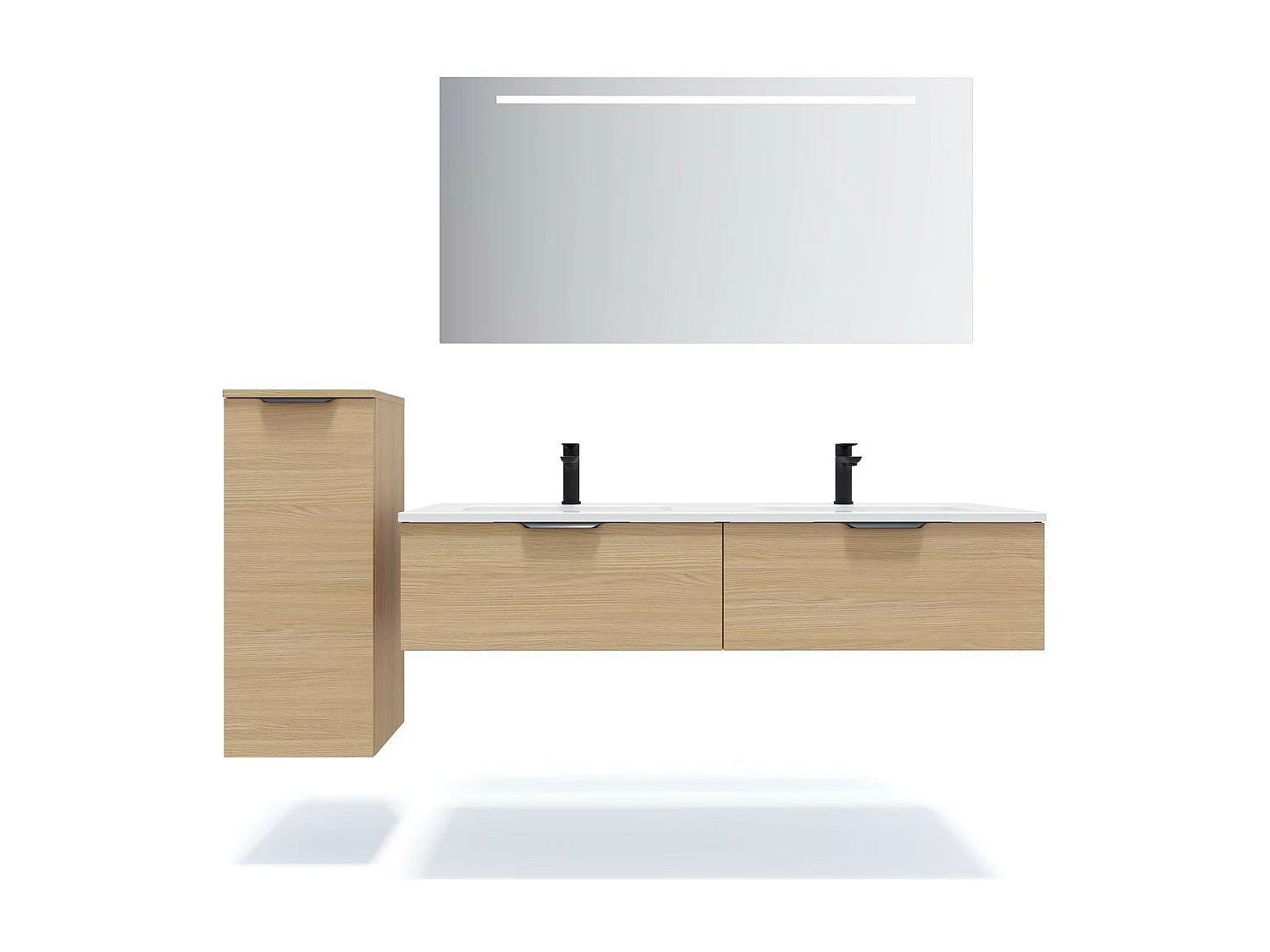 Meuble de salle de bain suspendu double vasque intégrée 140cm 2 tiroirs Chêne clair + miroir - Soho
