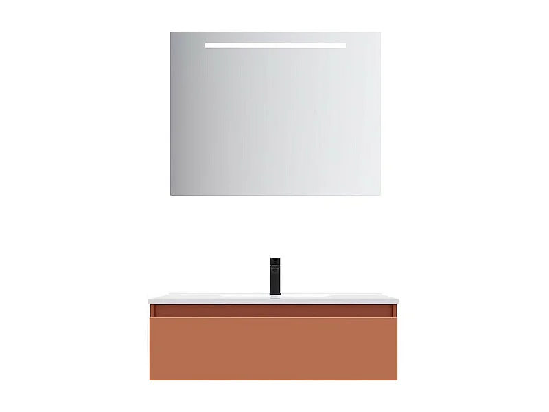 Meuble de salle de bain suspendu vasque intégrée 90cm 1 tiroir Terracotta + miroir - Hudson