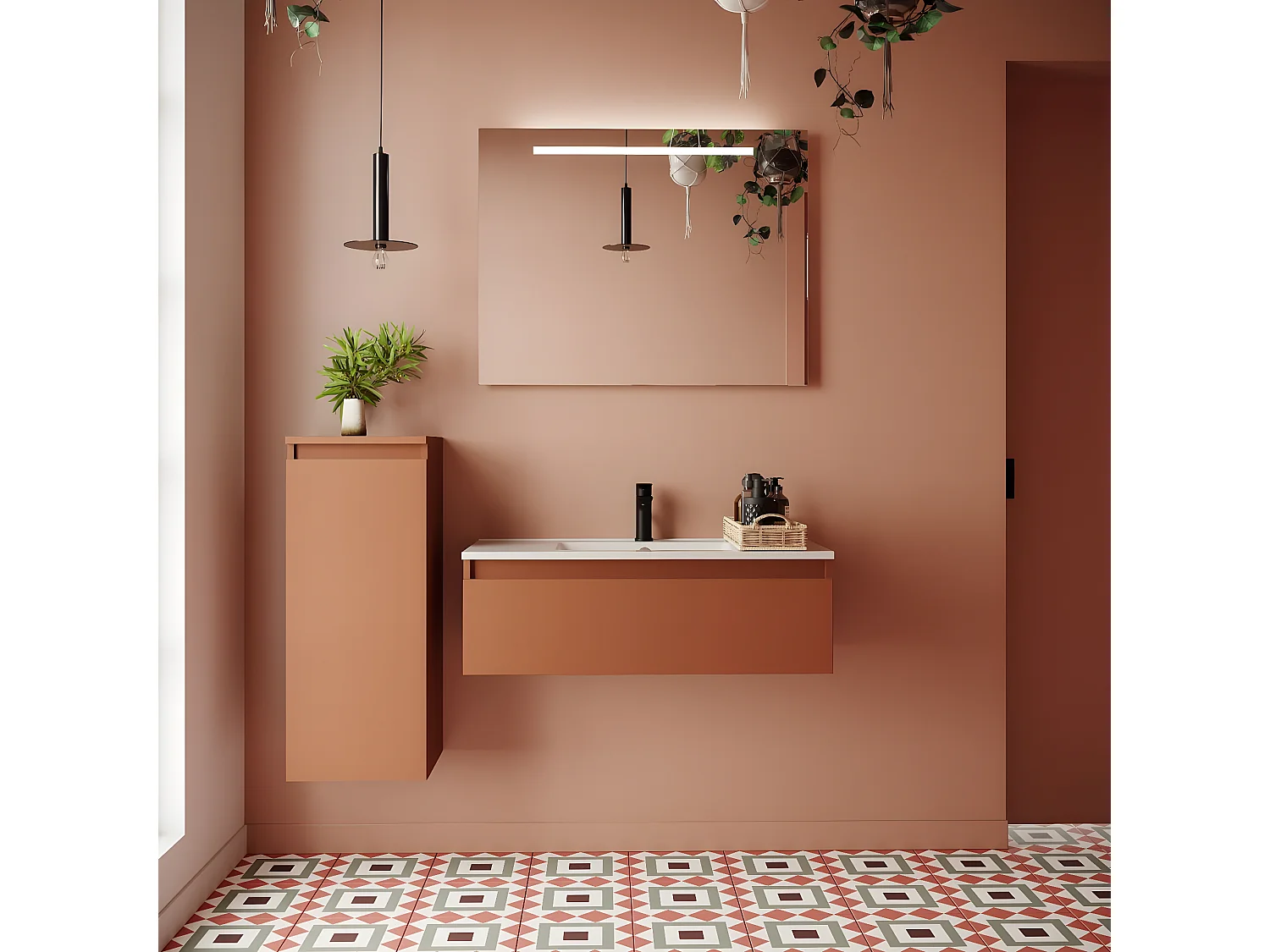 Meuble de salle de bain suspendu vasque intégrée 90cm 1 tiroir Terracotta + miroir - Hudson