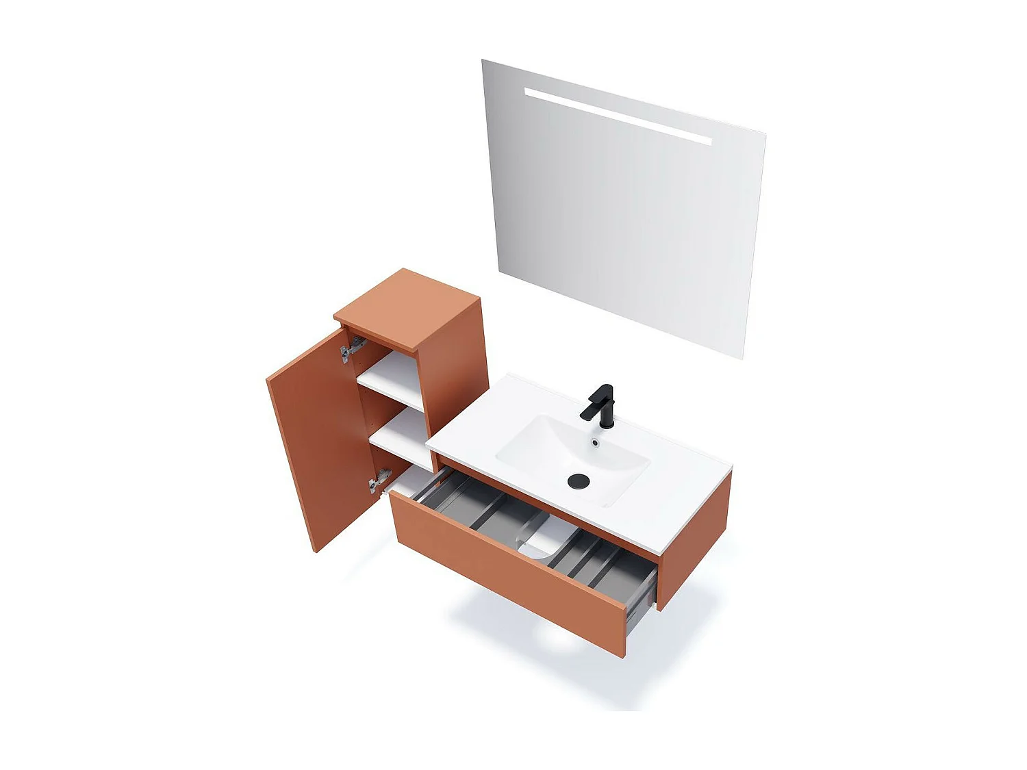 Meuble de salle de bain suspendu vasque intégrée 90cm 1 tiroir Terracotta + miroir - Hudson