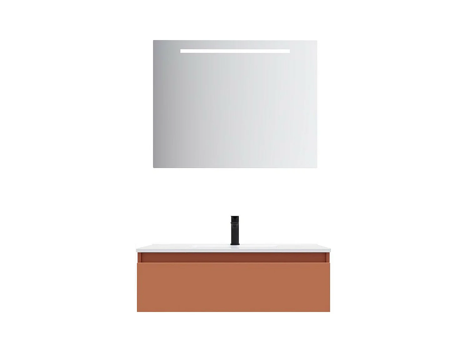 Meuble de salle de bain suspendu vasque intégrée 90cm 1 tiroir Terracotta + miroir - Hudson