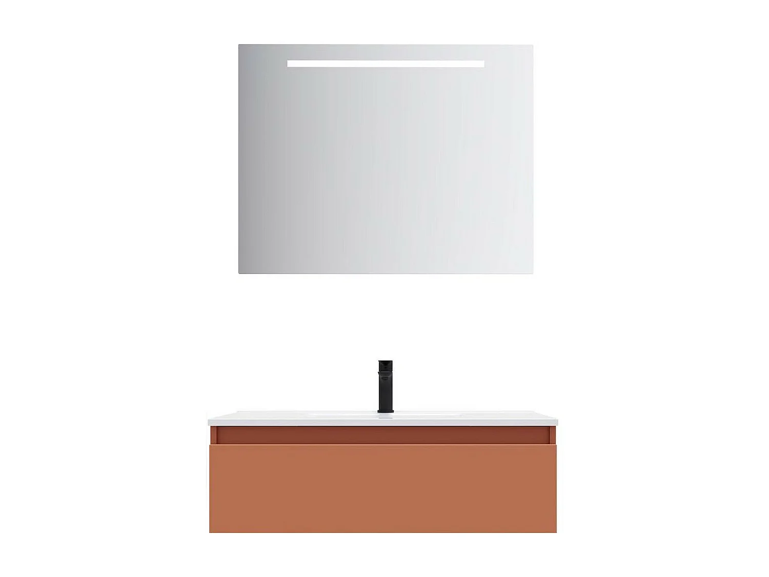 Meuble de salle de bain suspendu vasque intégrée 90cm 1 tiroir Terracotta + miroir - Hudson