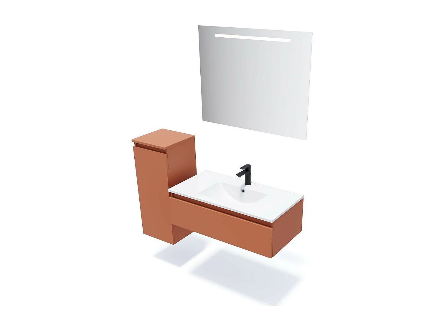Meuble de salle de bain suspendu vasque intégrée 90cm 1 tiroir Terracotta + miroir - Hudson