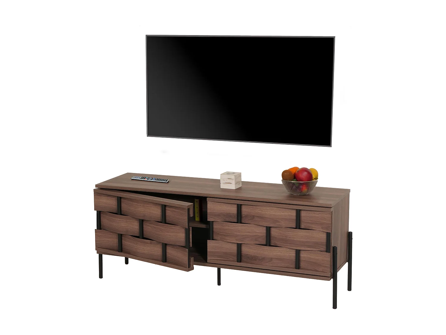 TV-Rack MCW-M44, Fernsehtisch Lowboard TV-Schrank Kommode, Staufächer, 3D-Flecht-Design Push-to-open Türen 120cm, braun