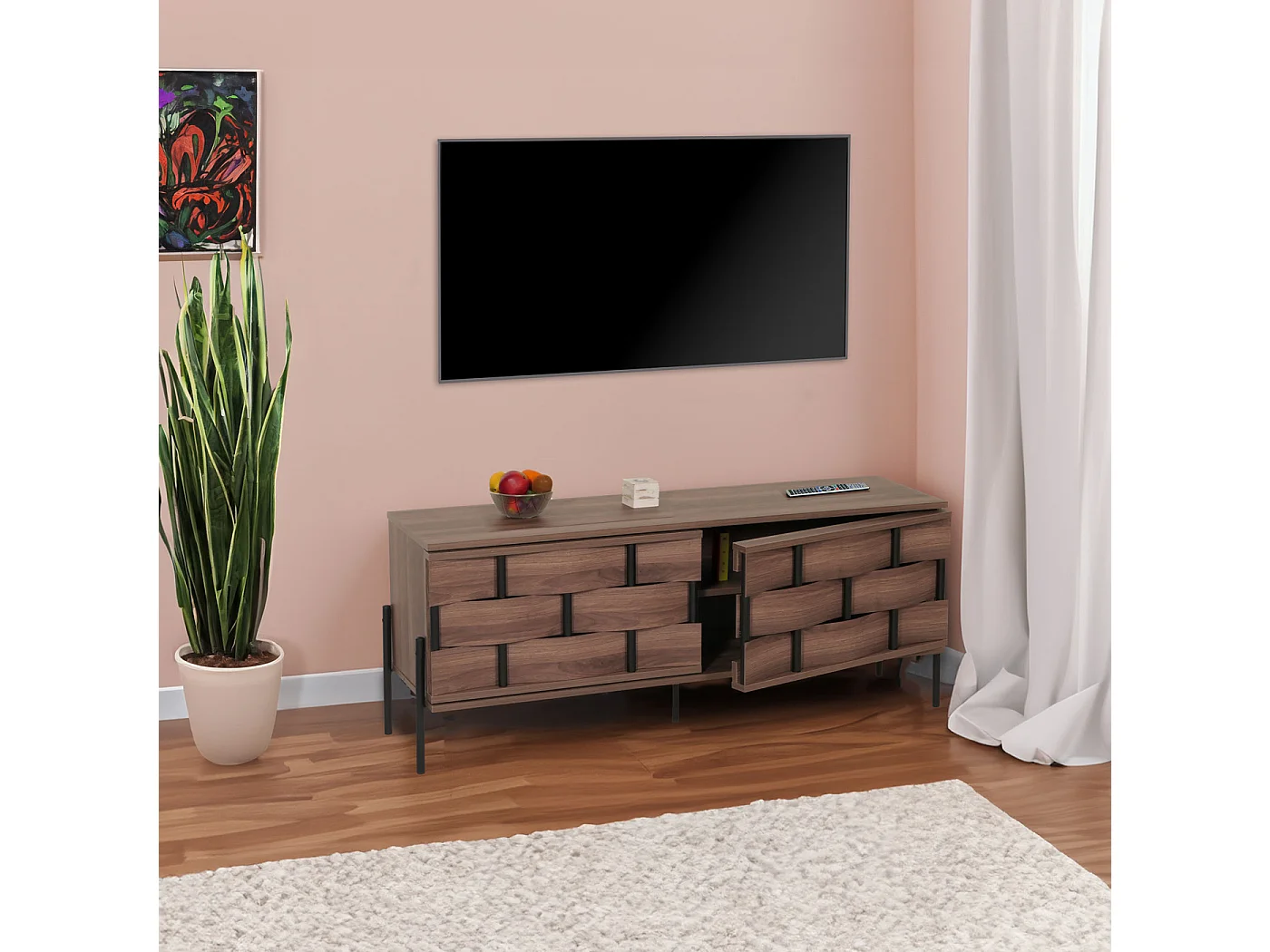 TV-Rack MCW-M44, Fernsehtisch Lowboard TV-Schrank Kommode, Staufächer, 3D-Flecht-Design Push-to-open Türen 120cm, braun