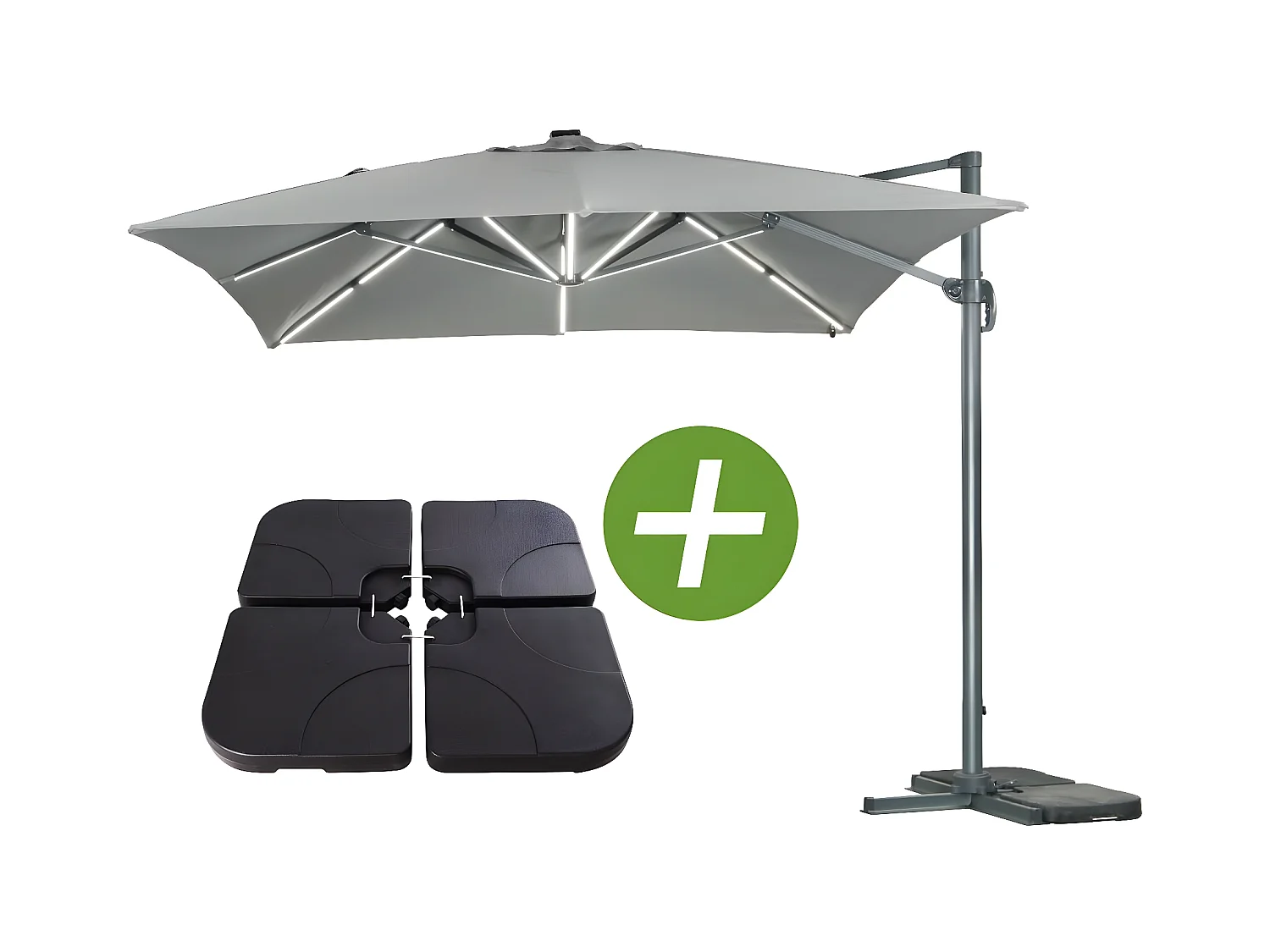 Guarda-sol deslocado LED Alu Sun 3 Luxe quadrado 3x3m cinza com lajes incluídas