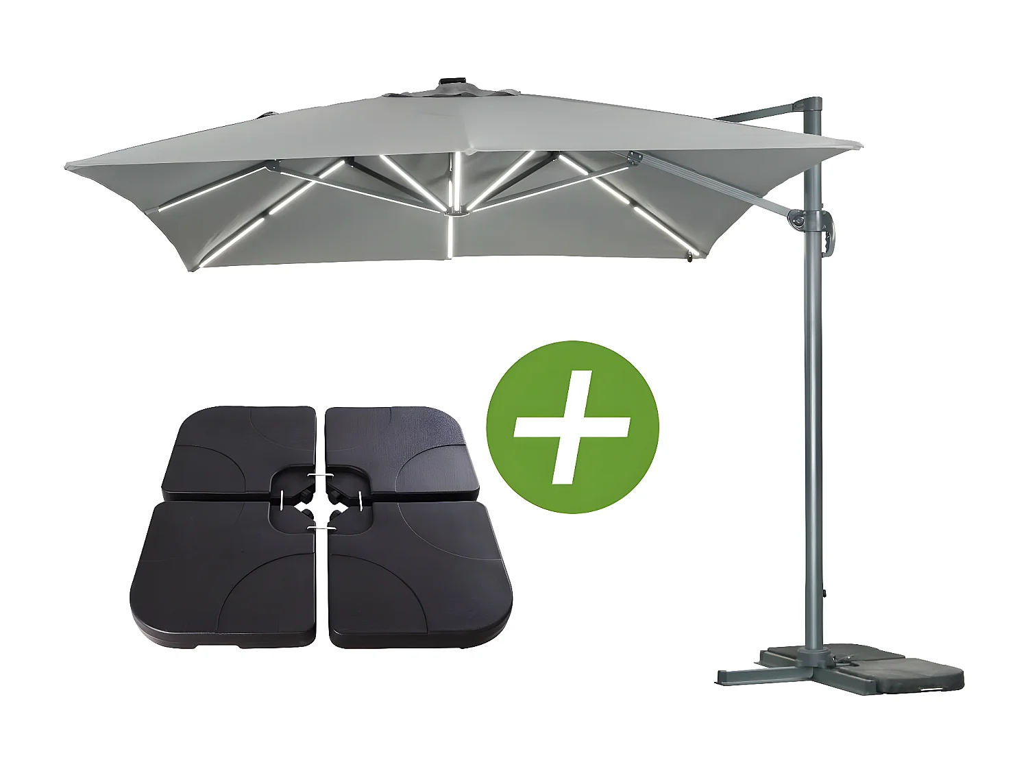 Guarda-sol jardim deportado LED Alu "Sun 3 Luxe" - Quadrado - 3 x 3 m - Cor Cinza - Lajes pesadas incluídas