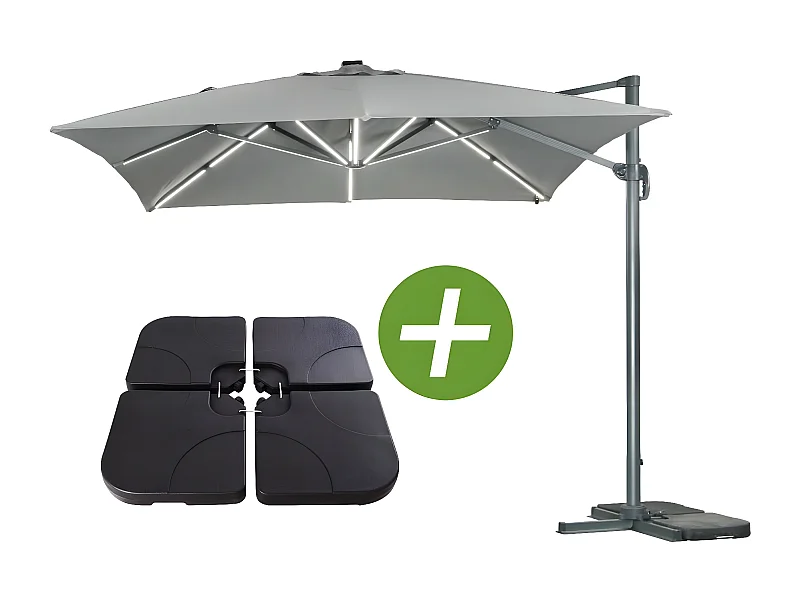 Guarda-sol jardim deportado LED Alu "Sun 3 Luxe" - Quadrado - 3 x 3 m - Cor Cinza - Lajes pesadas incluídas