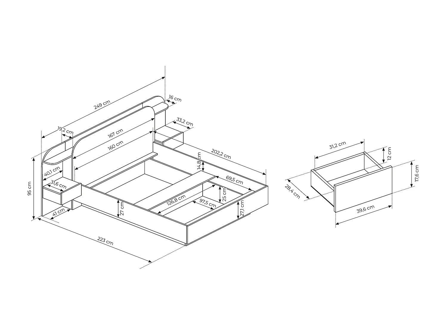 Letto con contenitore con comodini 160 x 200 cm Con LED Naturale e Nero - JUVISIA