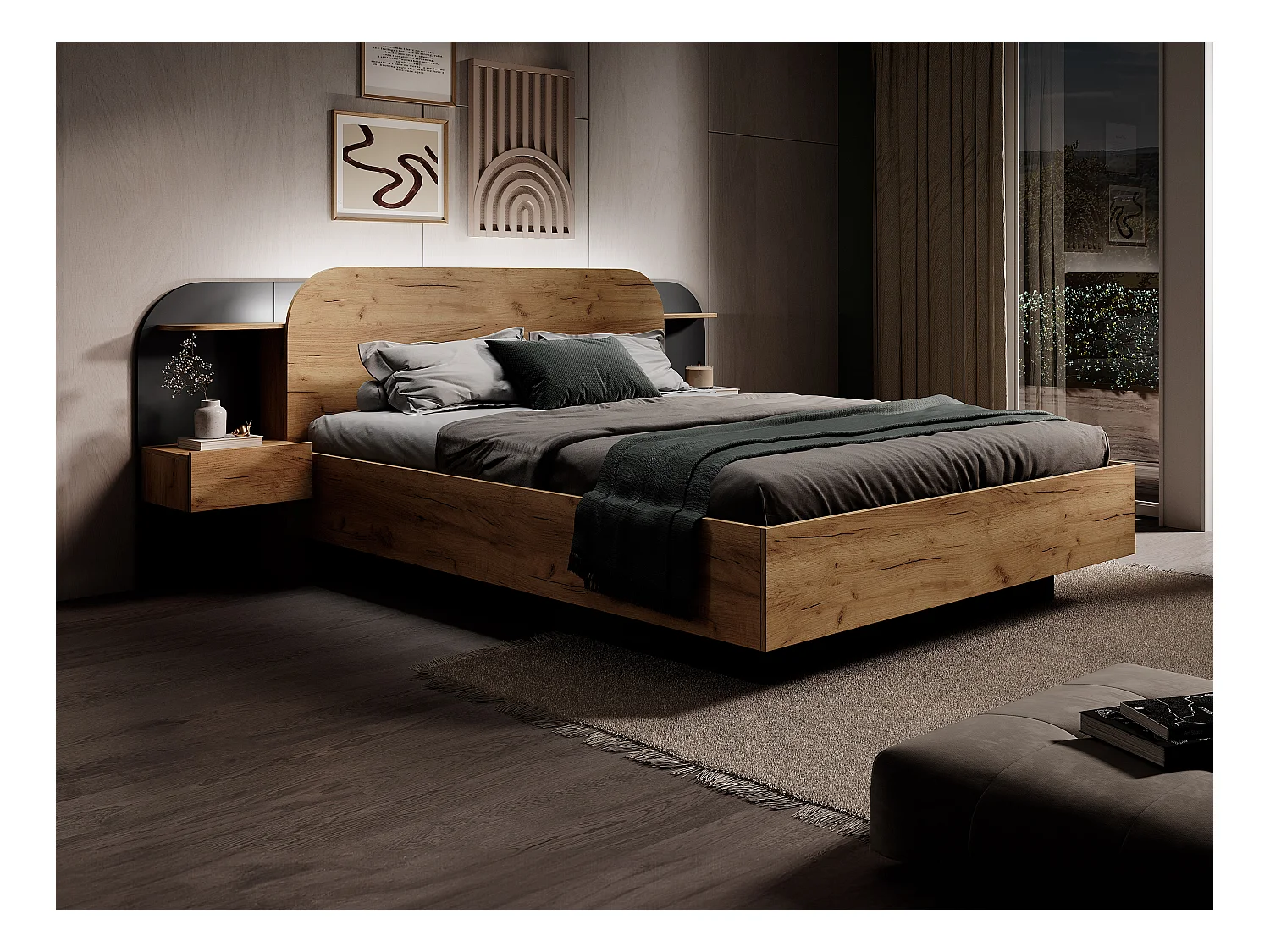 Lit coffre avec chevets 160 x 200 cm - Avec LEDs - Coloris : Naturel et noir - JUVISIA
