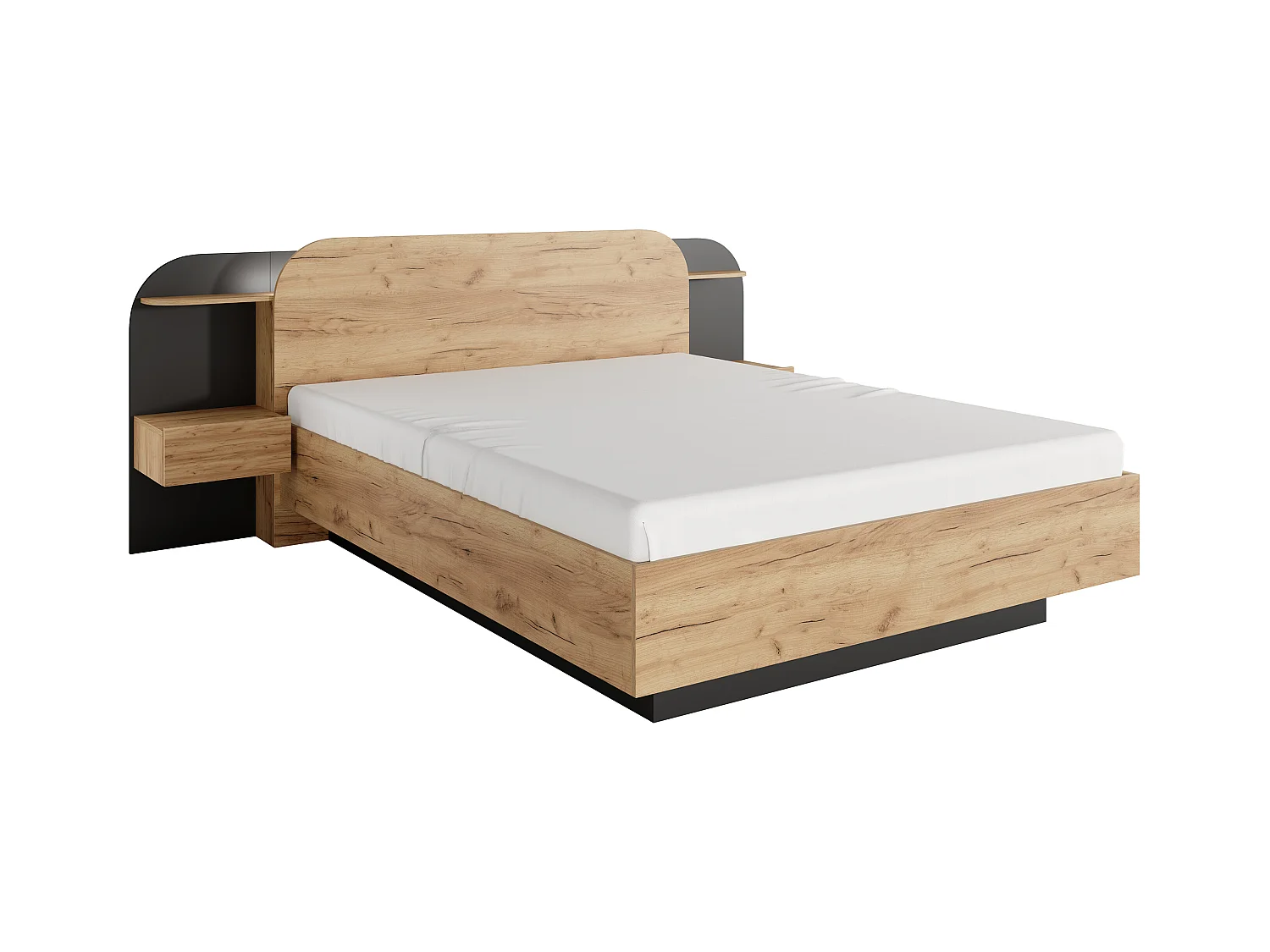 Lit coffre avec chevets 160 x 200 cm - Avec LEDs - Coloris : Naturel et noir - JUVISIA