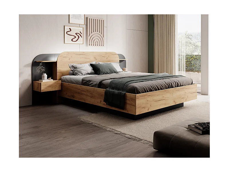 Bett mit Nachttischen + Lattenrost - 160 x 200 cm - Mit LED-Beleuchtung - Holzfarben & Schwarz - JUVISIA