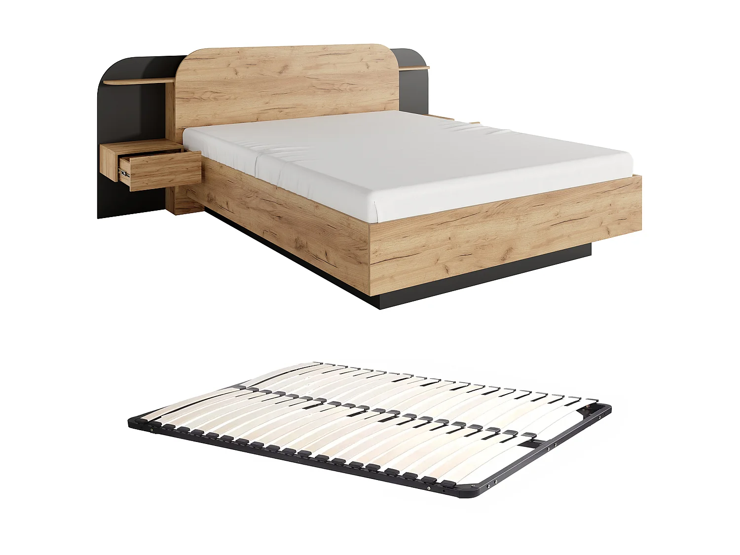 Cama com mesas de cabeceira 160x200 cm, com LEDs cor natural e preto + estrado - JUVISIA