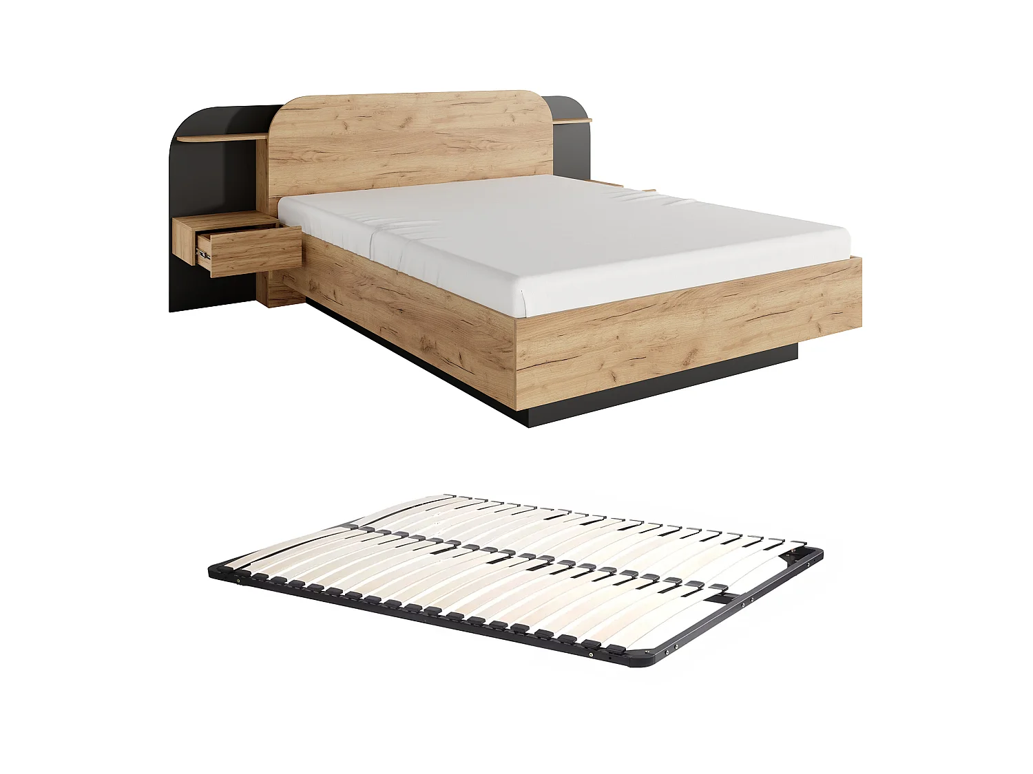 Łóżko z szafkami nocnymi 160 x 200 cm - Z oświetleniem LED - Naturalny i czarny + Stelaż - JUVISIA