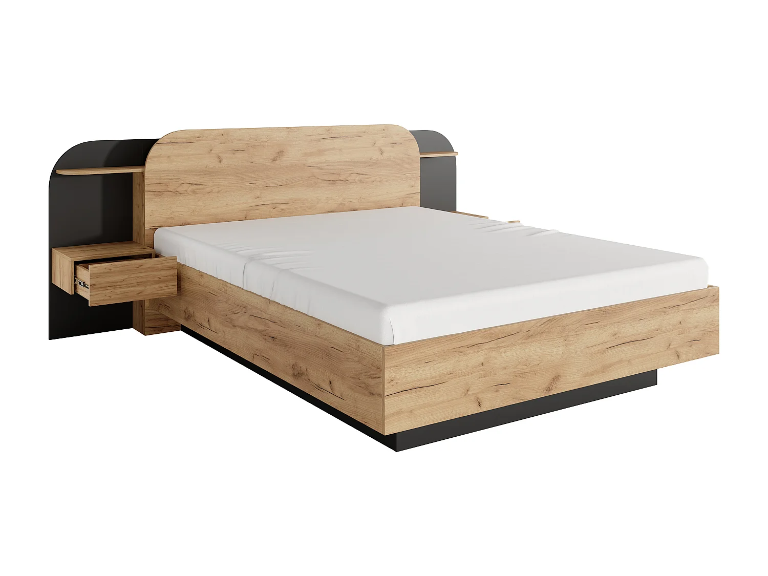 Lit coffre avec chevets 160 x 200 cm - Avec LEDs - Coloris : Naturel et noir + Matelas - JUVISIA