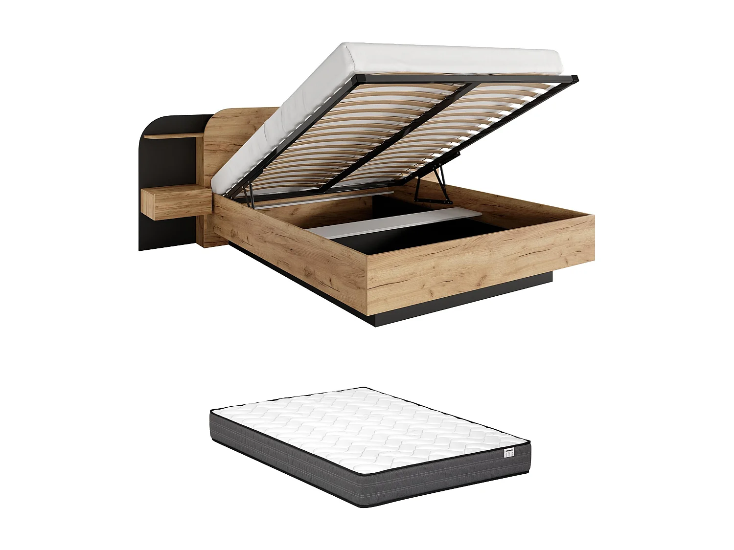 Lit coffre avec chevets 160 x 200 cm - Avec LEDs - Coloris : Naturel et noir + Matelas - JUVISIA