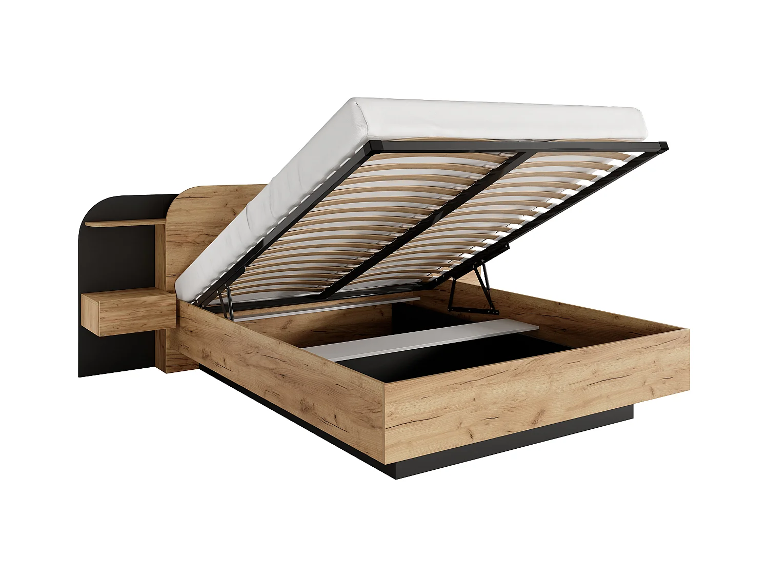 Canapé abatible con mesas de noche 160 x 200 cm - Con LEDs - Color: natural y negro + Colchón - JUVISIA