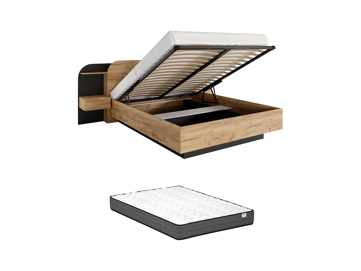 Canapé abatible con mesas de noche 160 x 200 cm - Con LEDs - Color: natural y negro + Colchón - JUVISIA