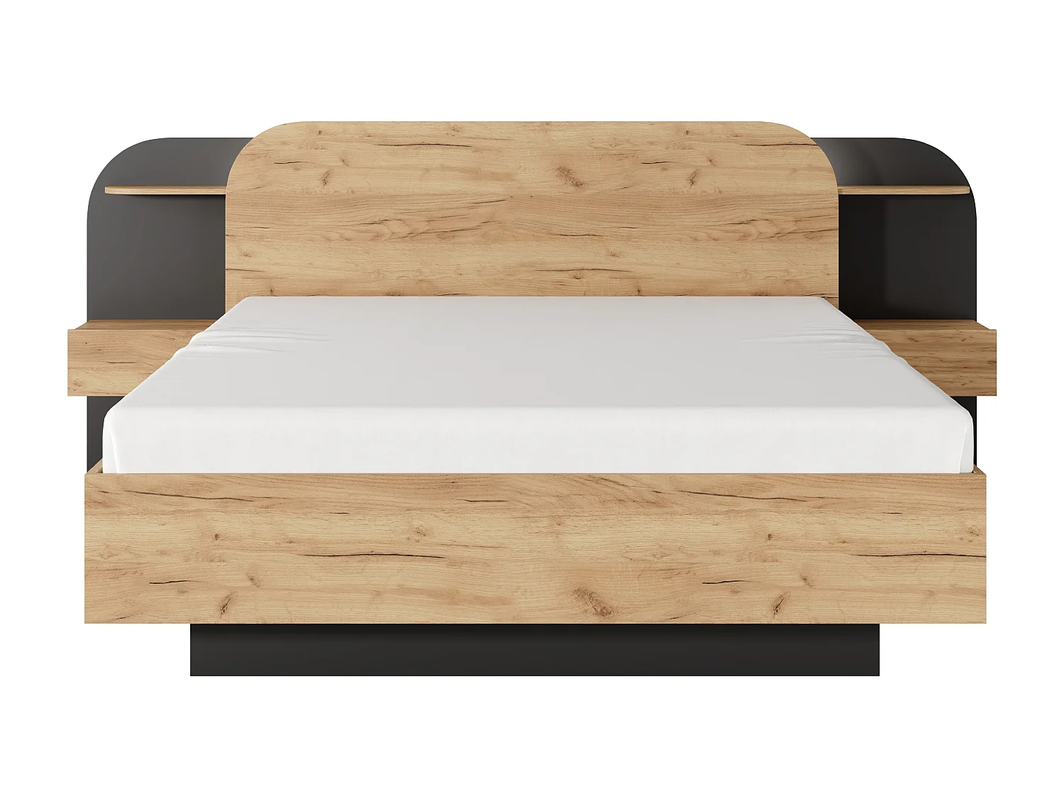 Cama com espaço de arrumação e mesas de cabeceira 160x200 cm, com LEDs, cor natural e preto + colchão - JUVISIA