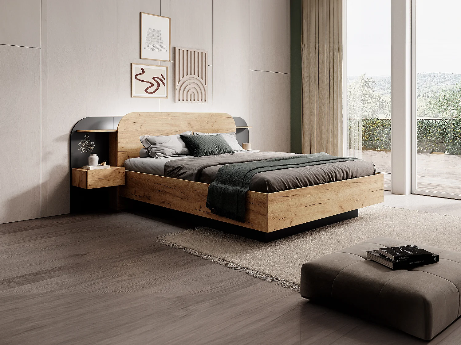 Lit avec chevets 160 x 200 cm - Avec LEDs - Coloris : Naturel et noir + Sommier + Matelas - JUVISIA