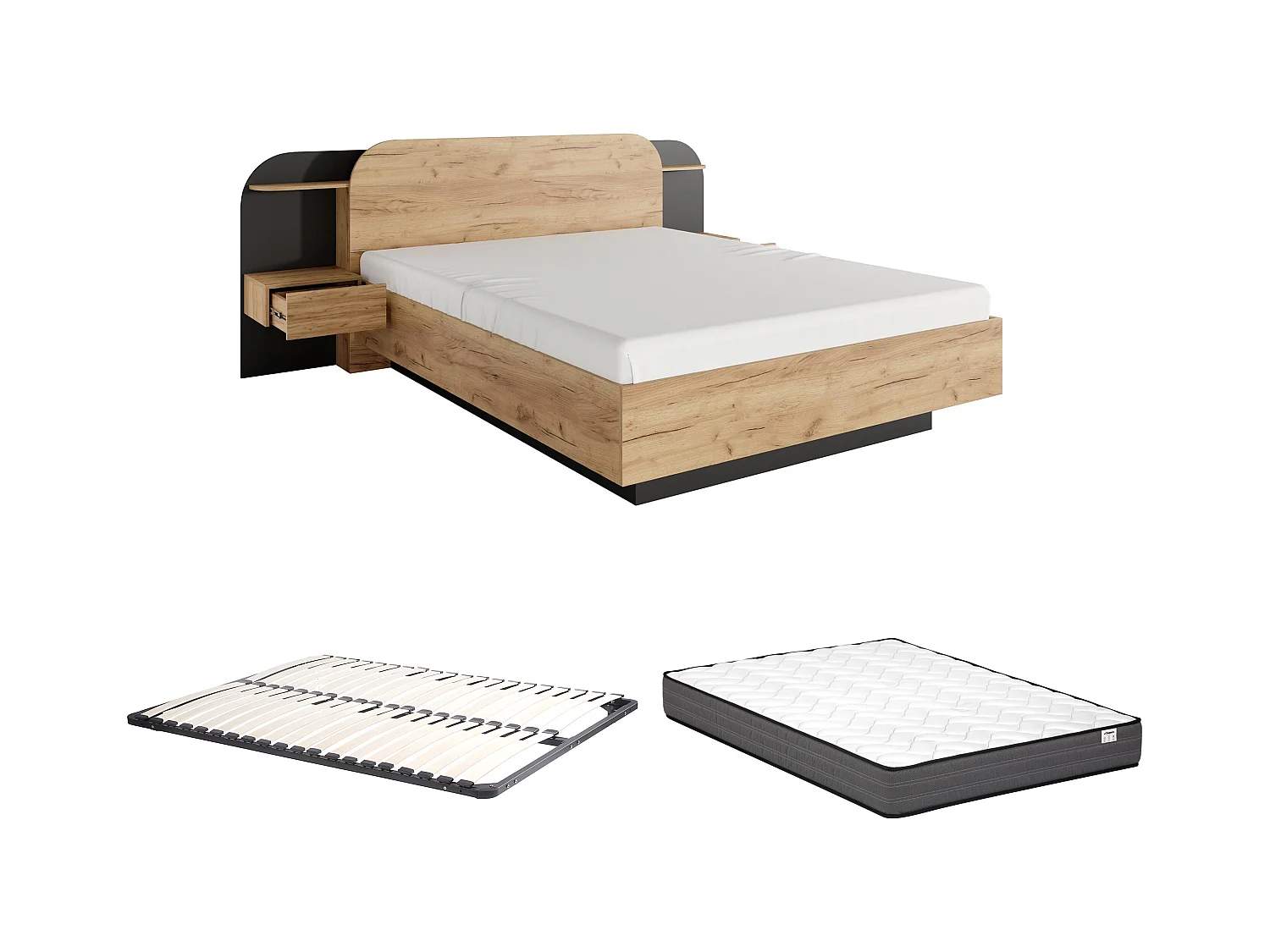 Lit avec chevets 160 x 200 cm - Avec LEDs - Coloris : Naturel et noir + Sommier + Matelas - JUVISIA