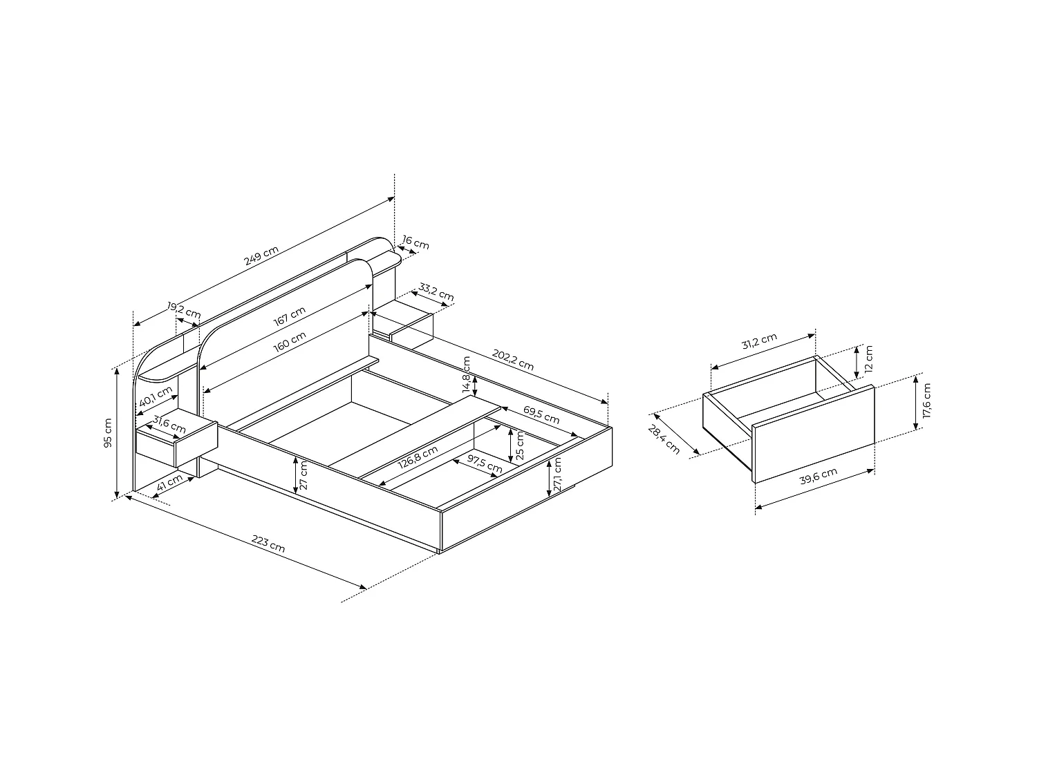 Lit avec chevets 160 x 200 cm - Avec LEDs - Coloris : Naturel et noir + Sommier + Matelas - JUVISIA