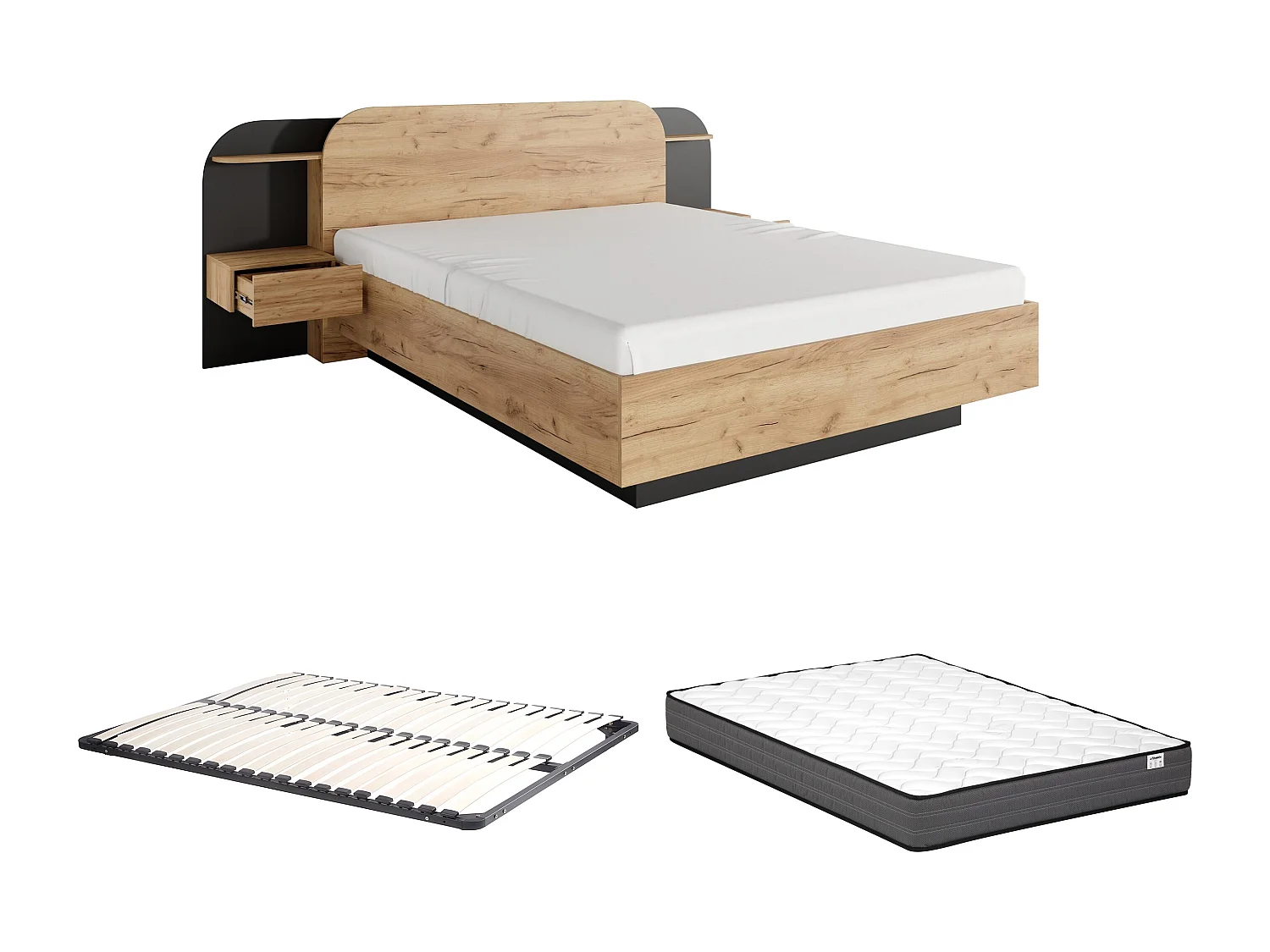 Bett mit Nachttischen + Lattenrost + Matratze - 160 x 200 cm - Mit LED-Beleuchtung - Holzfarben & Schwarz - JUVISIA