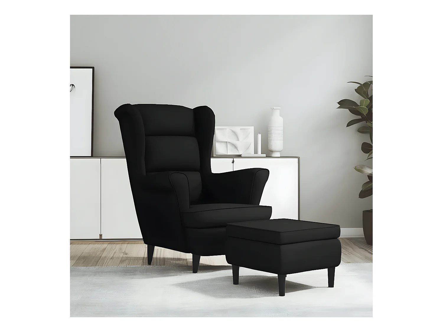 Fauteuil à oreilles avec tabouret noir velours