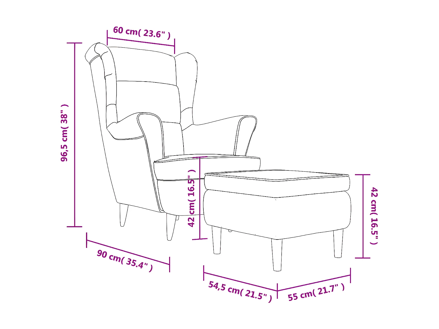 Fauteuil à oreilles avec tabouret noir velours