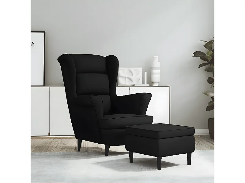 Fauteuil à oreilles avec tabouret noir velours