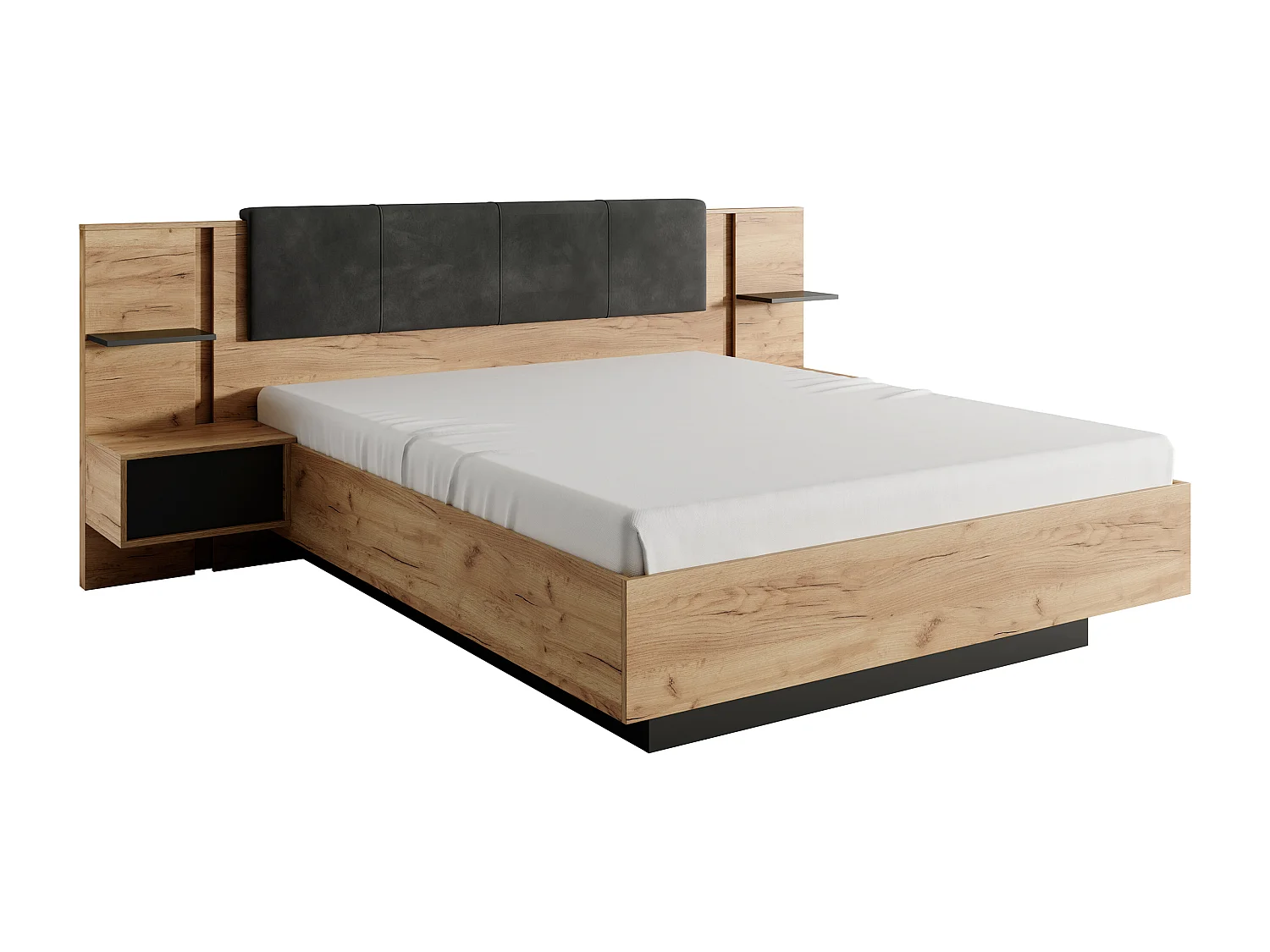 Letto con comodini 140 x 190 cm Con LED  Naturale e Antracite + Rete  - ELYNIA