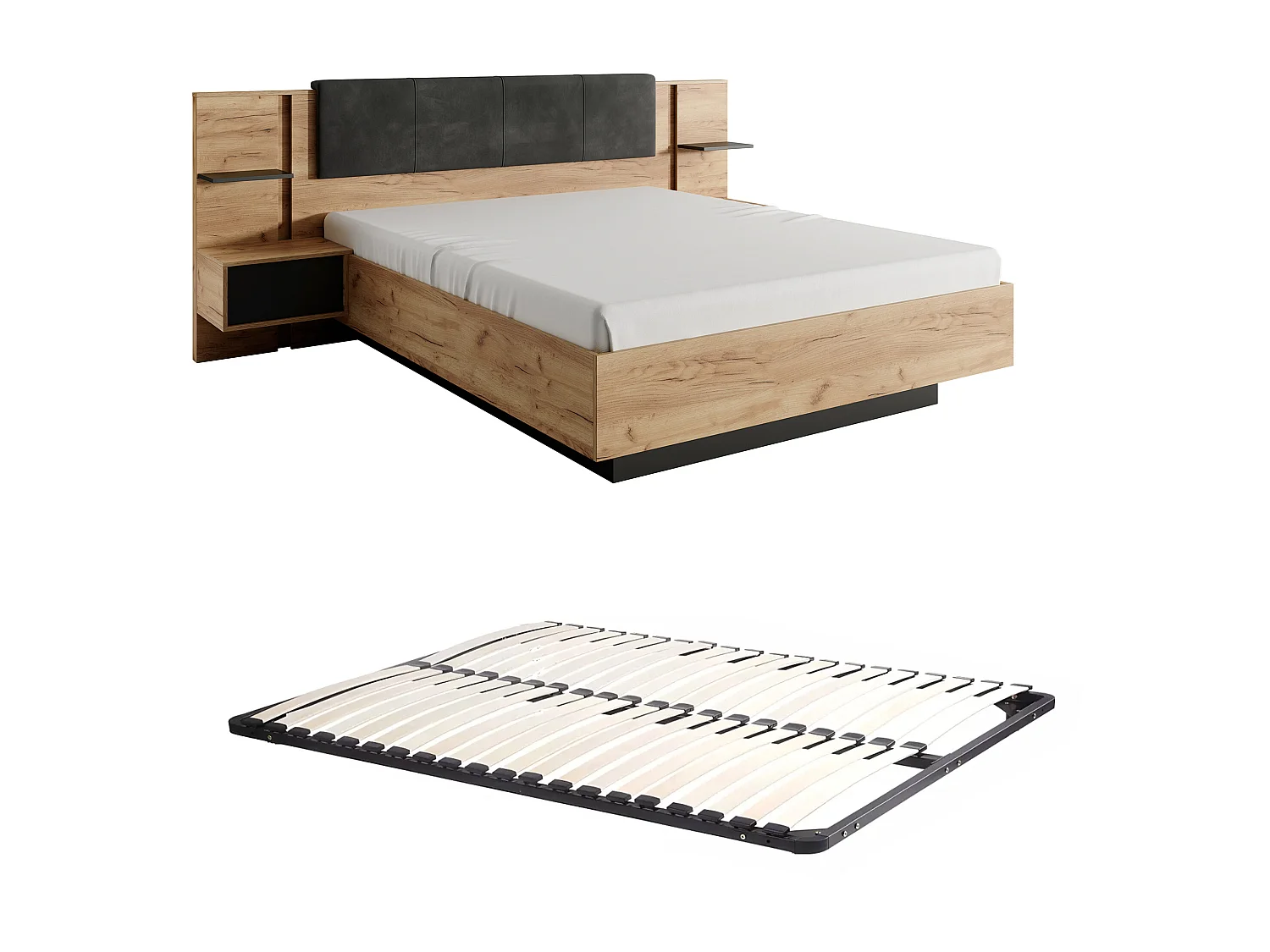 Letto con comodini 140 x 190 cm Con LED  Naturale e Antracite + Rete  - ELYNIA