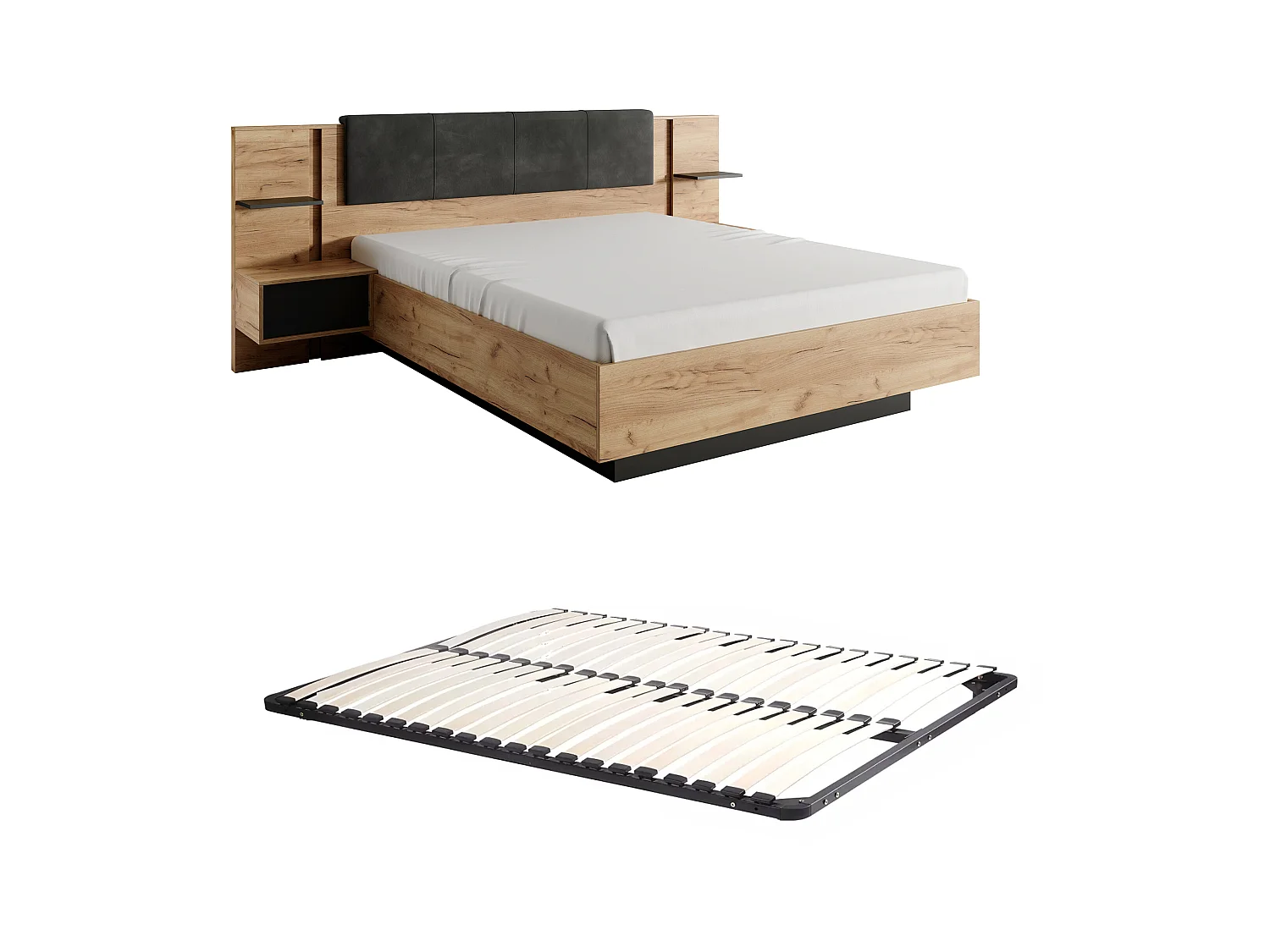 Cama con mesitas de noche 140 x 190 cm - Con LEDs - Color: Natural y antracita + Somier - ELYNIA