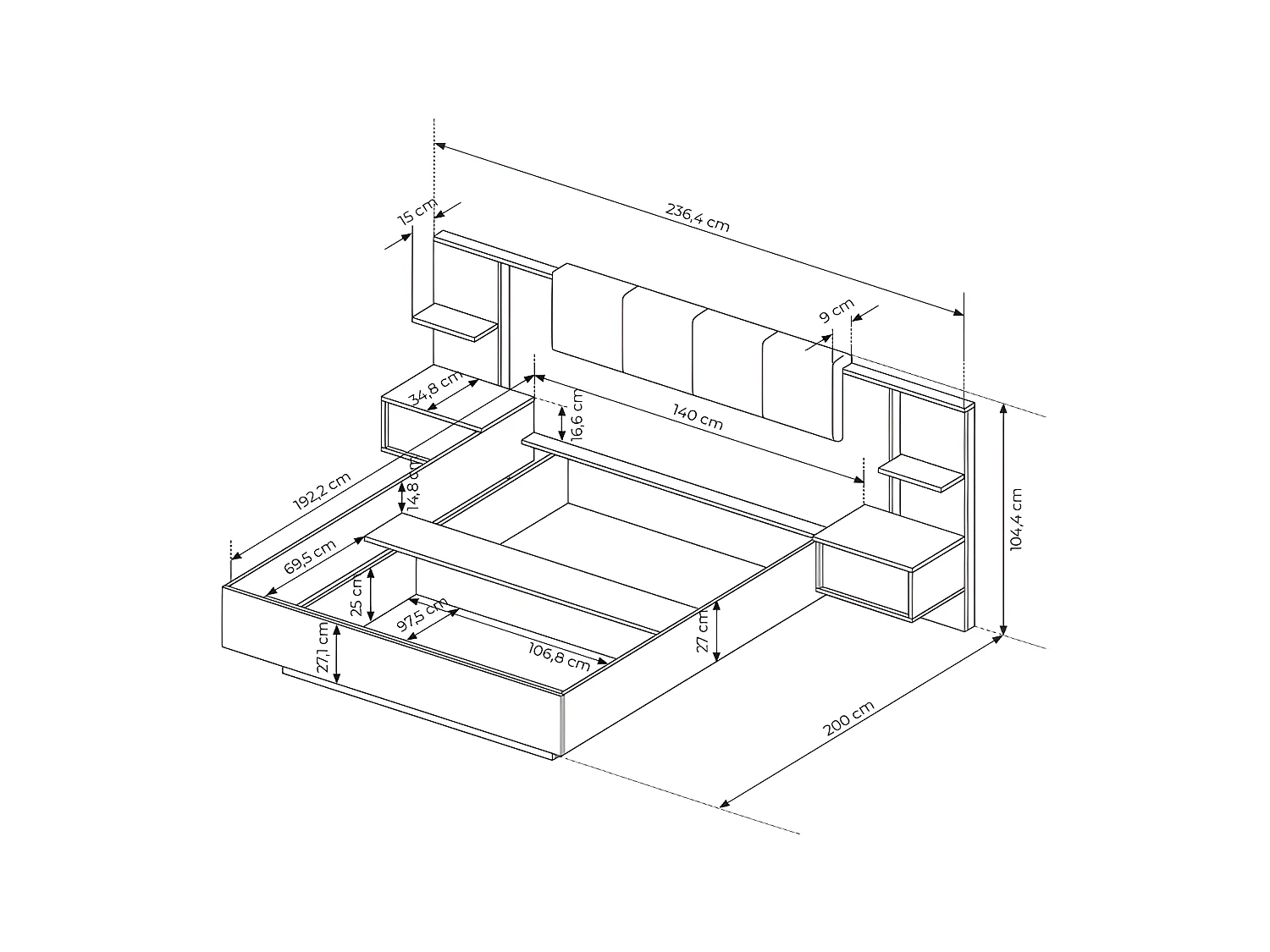 Cama con mesitas de noche 140 x 190 cm - Con LEDs - Color: Natural y antracita + Somier - ELYNIA