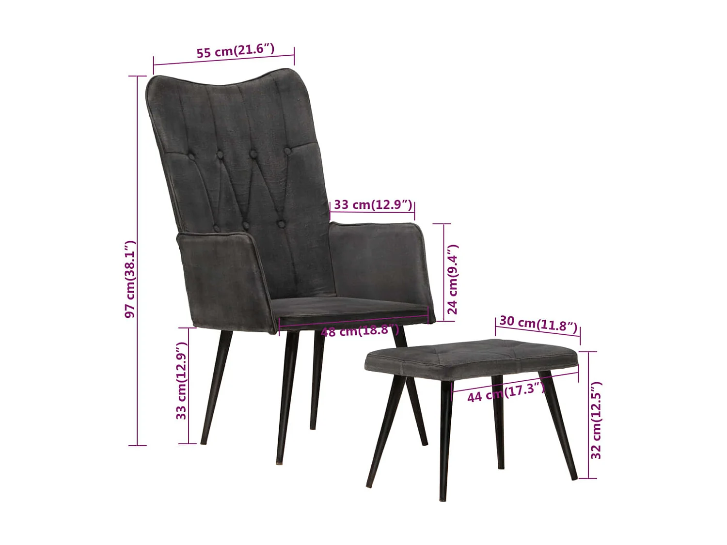 Chaise à oreilles avec repose-pied Noir vintage Toile