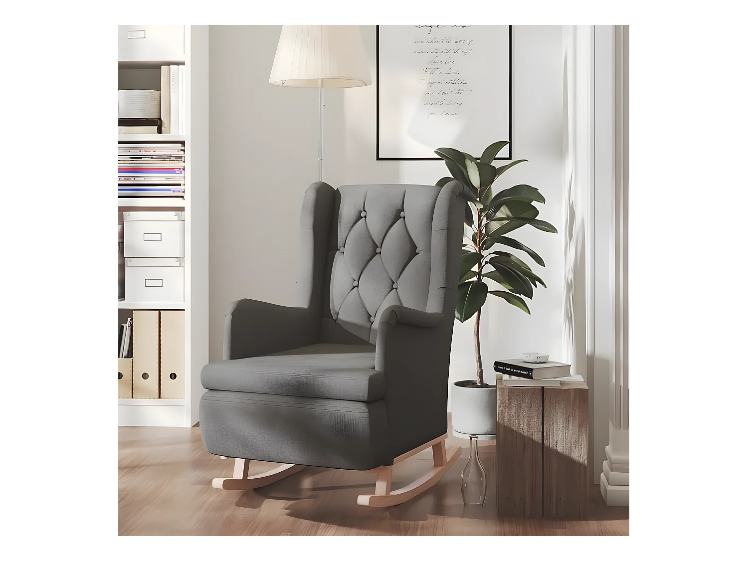 Fauteuil avec pieds à bascule en bois d'hévéa Gris foncé Tissu