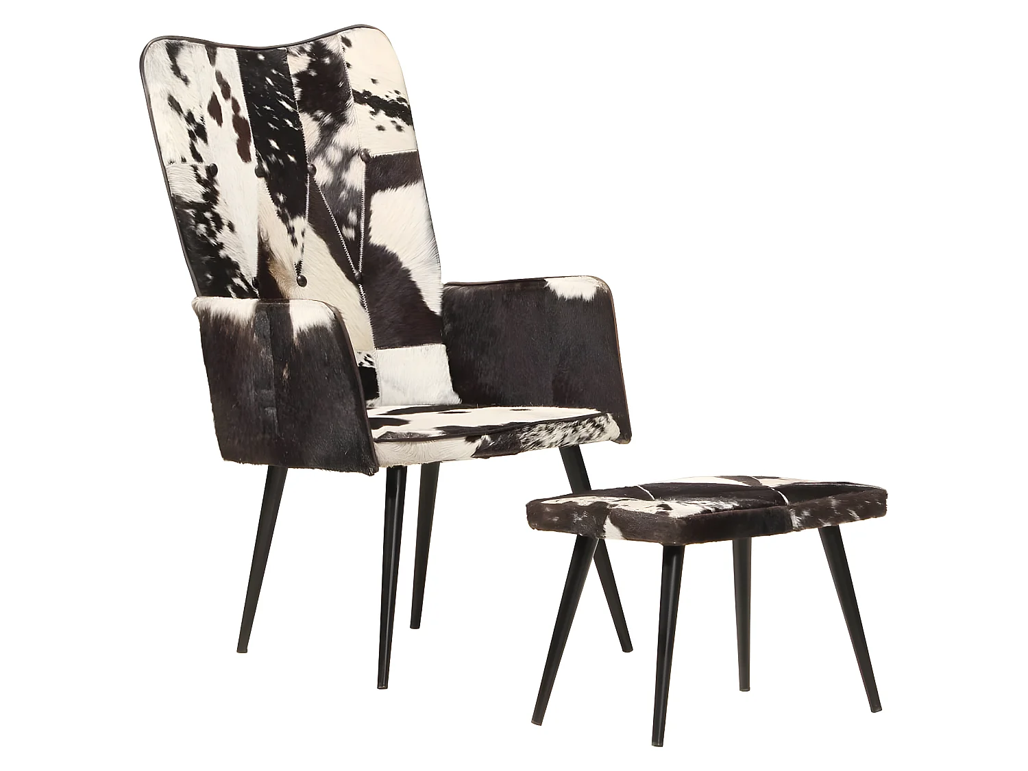 Chaise à oreilles avec repose-pied Noir Cuir véritable