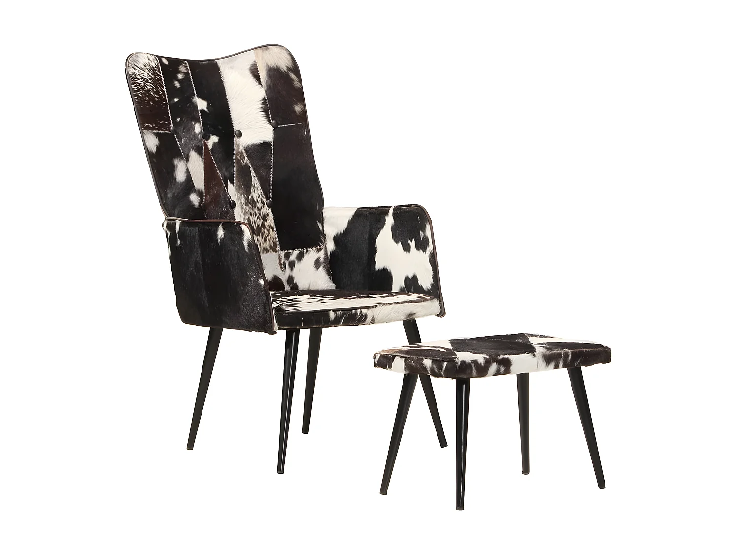 Chaise à oreilles avec repose-pied Noir Cuir véritable